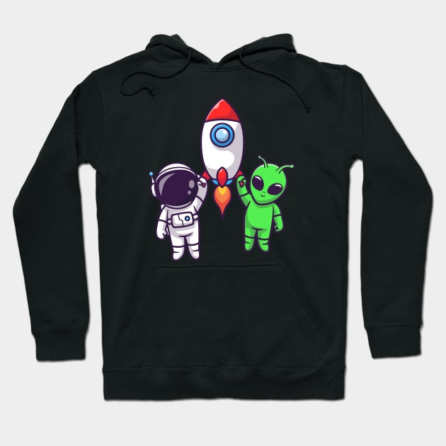 Cute Astronaut And Alien Flying With Rocket In Space Cartoon Hoodie by Catalyst Labs